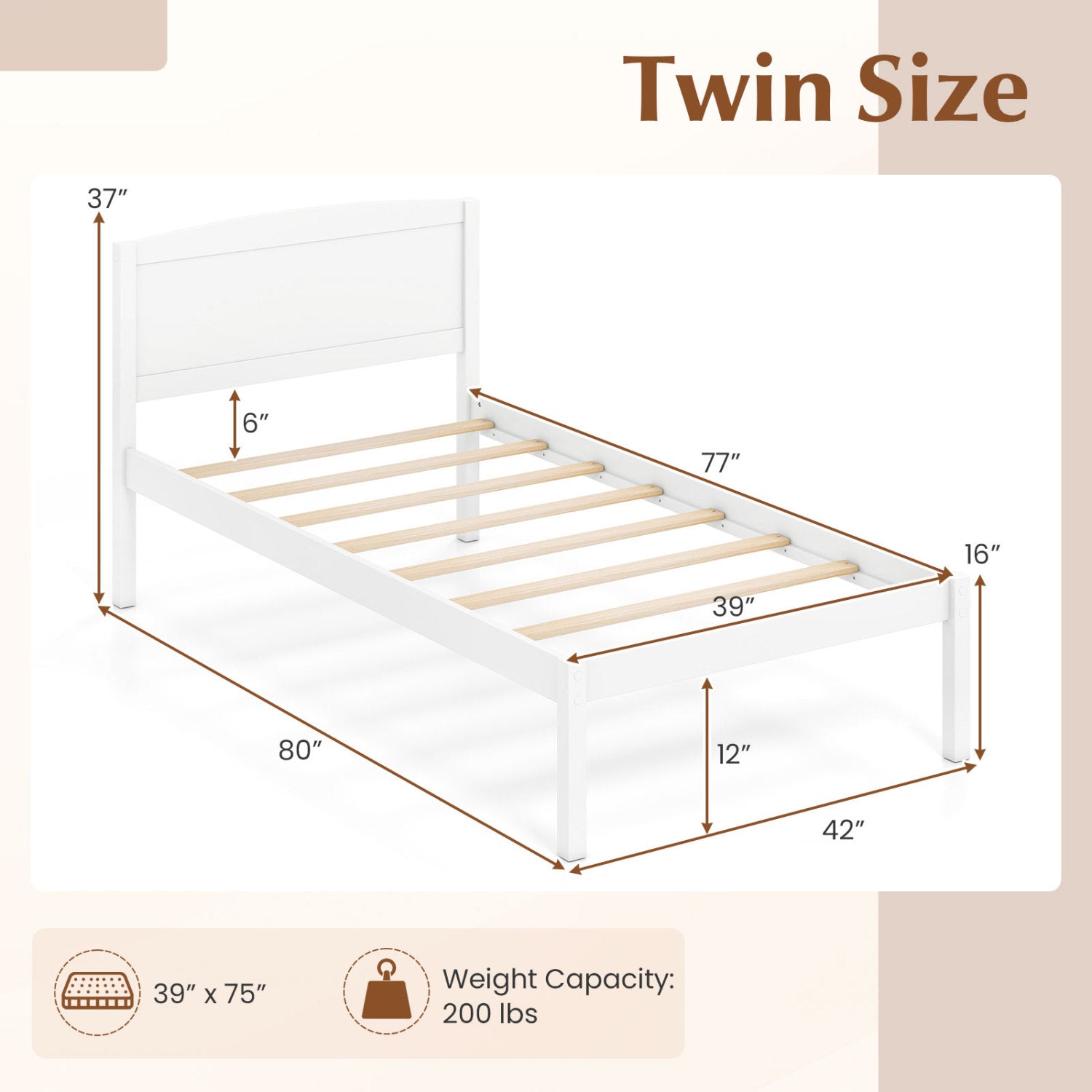 Twin Platform Bed Frame with Curved Headboard, white finish, slatted support on Tampa Home & Garden Store