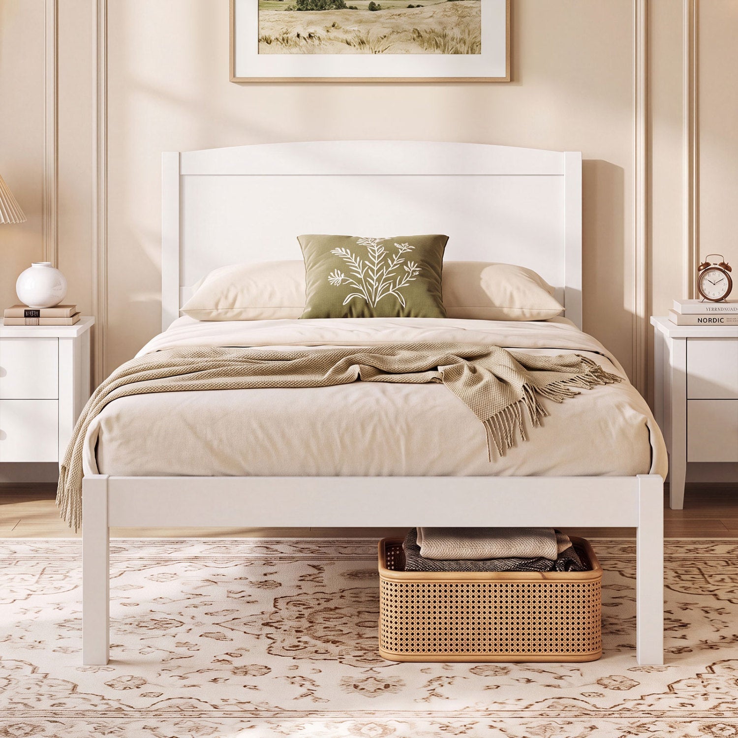 Twin Platform Bed Frame with Curved Headboard by DirectDeals in white finish with beige bedding on Tampa Home & Garden Store