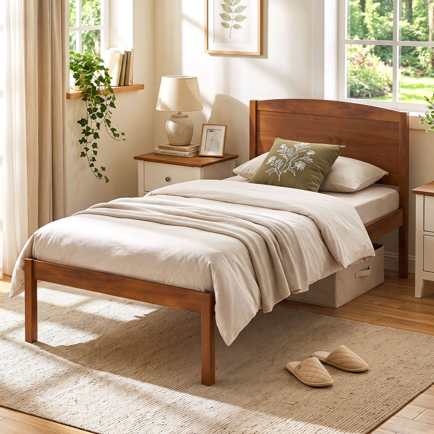 Twin platform bed frame with curved headboard in natural wood by DirectDeals on Tampa Home & Garden Store
