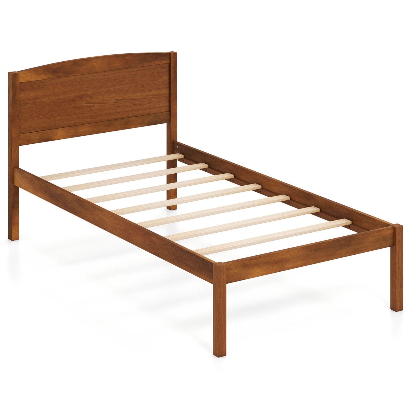 Twin platform bed frame with curved headboard in warm brown wood, slatted support, DirectDeals on Tampa Home & Garden Store