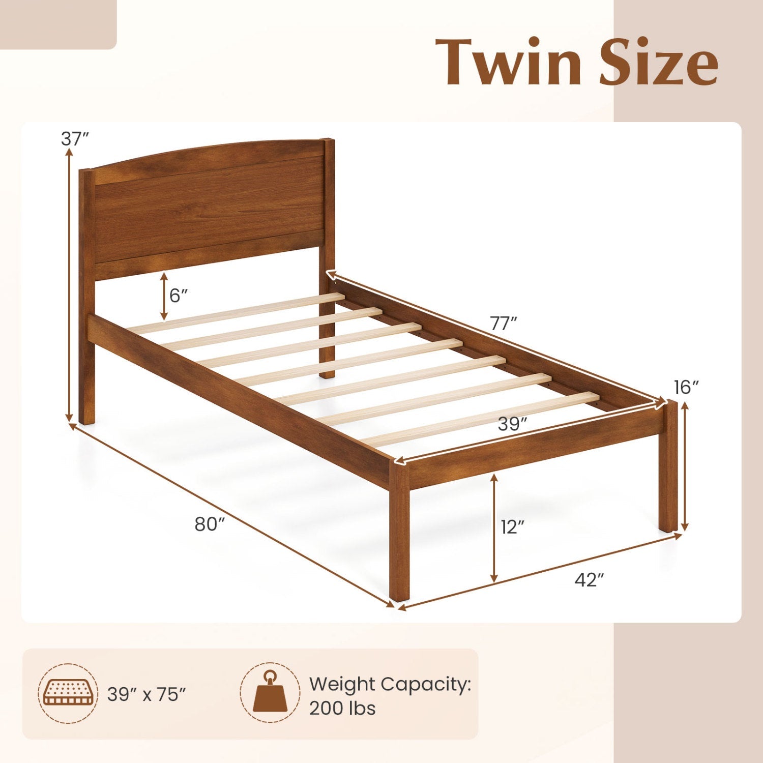 Twin bed frame with curved wooden headboard in brown, slatted rails DirectDeals on Tampa Home & Garden Store