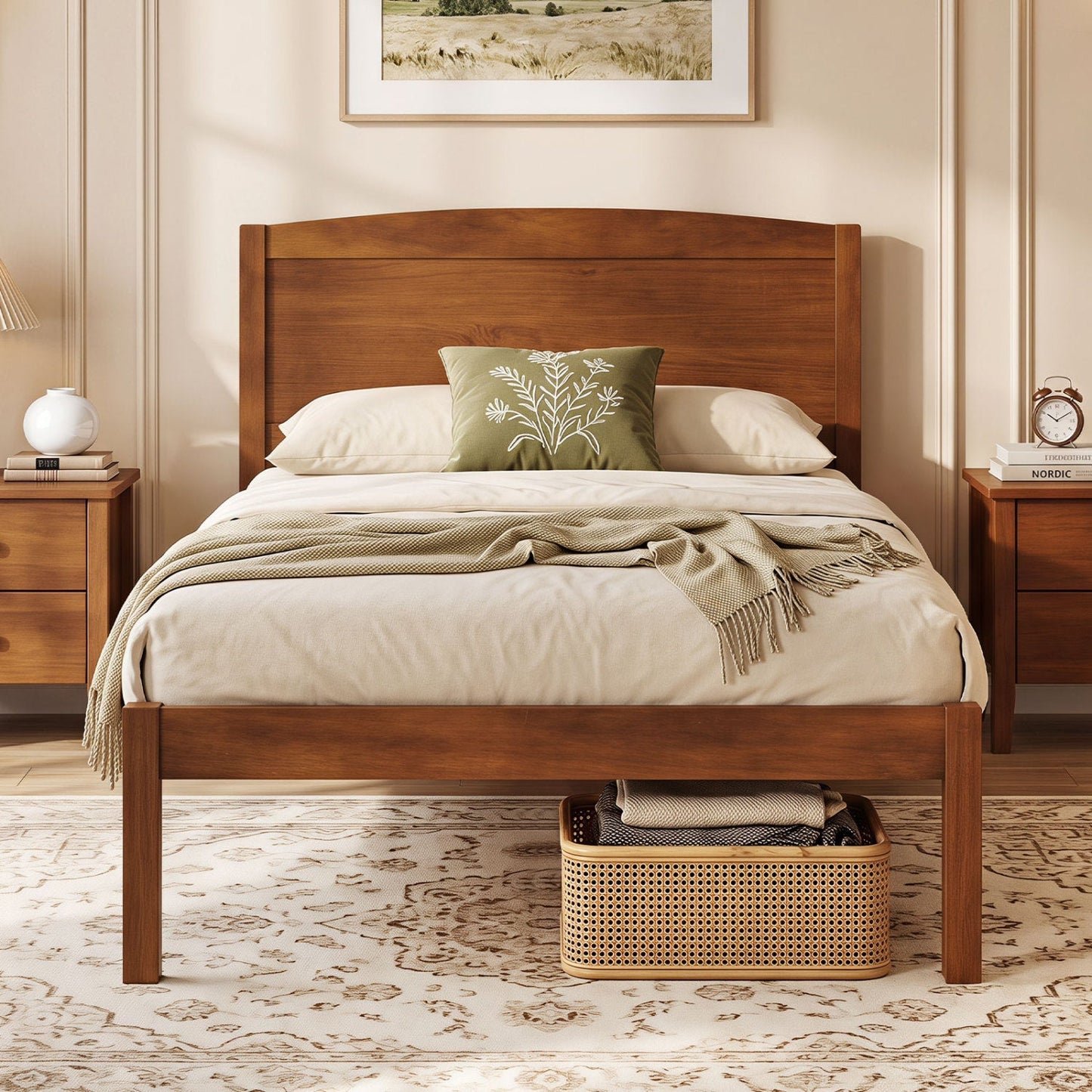 Twin Platform Bed Frame with Curved Headboard, warm oak wood, DirectDeals on Tampa Home & Garden Store