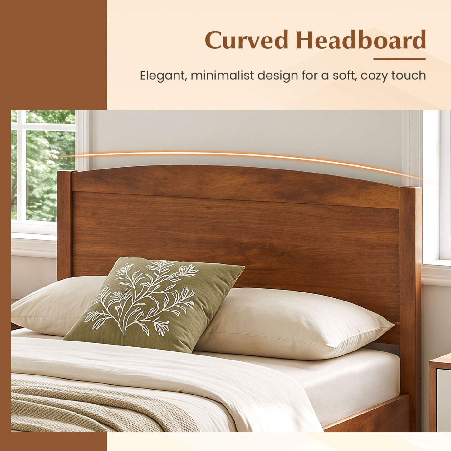 Twin platform bed frame with curved wooden headboard in warm brown by DirectDeals on Tampa Home & Garden Store