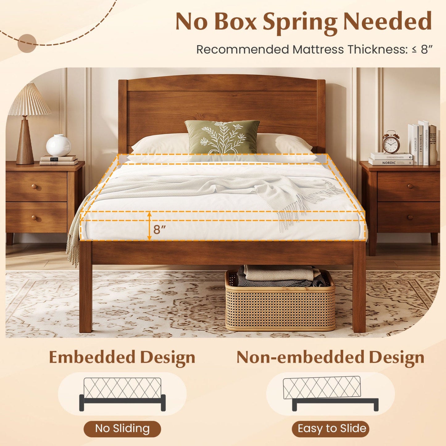Twin Platform Bed Frame with Curved Headboard in wood finish by DirectDeals with white bedding on Tampa Home & Garden Store