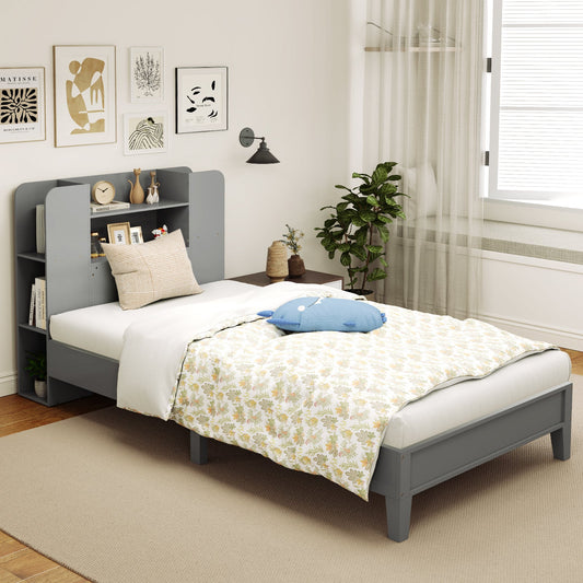 Twin Size Wooden Platform Bed Frame with Bookcase Headboard-Gray - Tampa Home & Garden Store