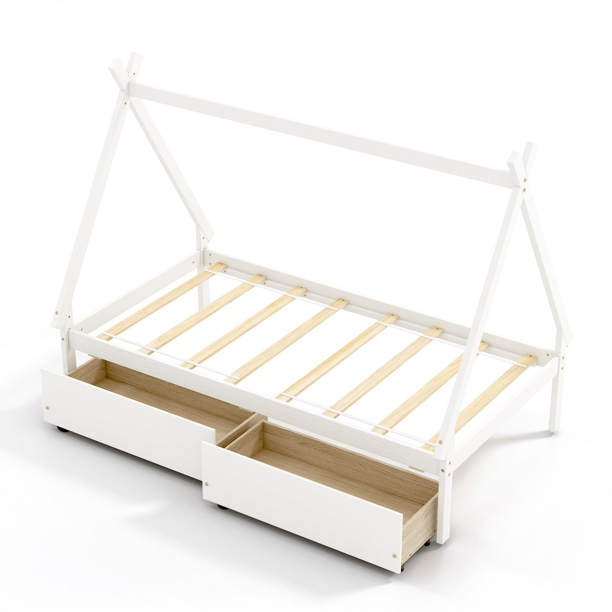 Twin size wooden tent platform bed frame by GemGear with 2 under-bed drawers, white finish on Tampa Home & Garden Store