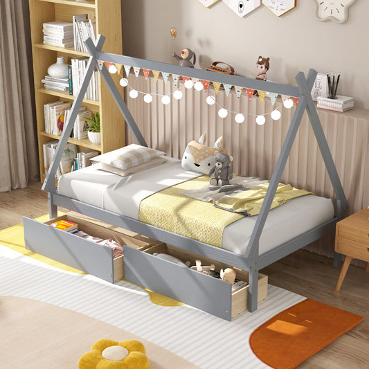 Twin Size Wooden Tent Platform House Bed with 2 Drawers-Gray - Tampa Home & Garden Store