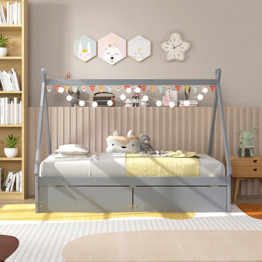 Twin Size Wooden Tent Platform House Bed with 2 Drawers-Gray - Tampa Home & Garden Store
