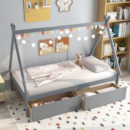 Twin Size Wooden Tent Platform Bed with 2 Drawers by GemGear gray finish on Tampa Home & Garden Store