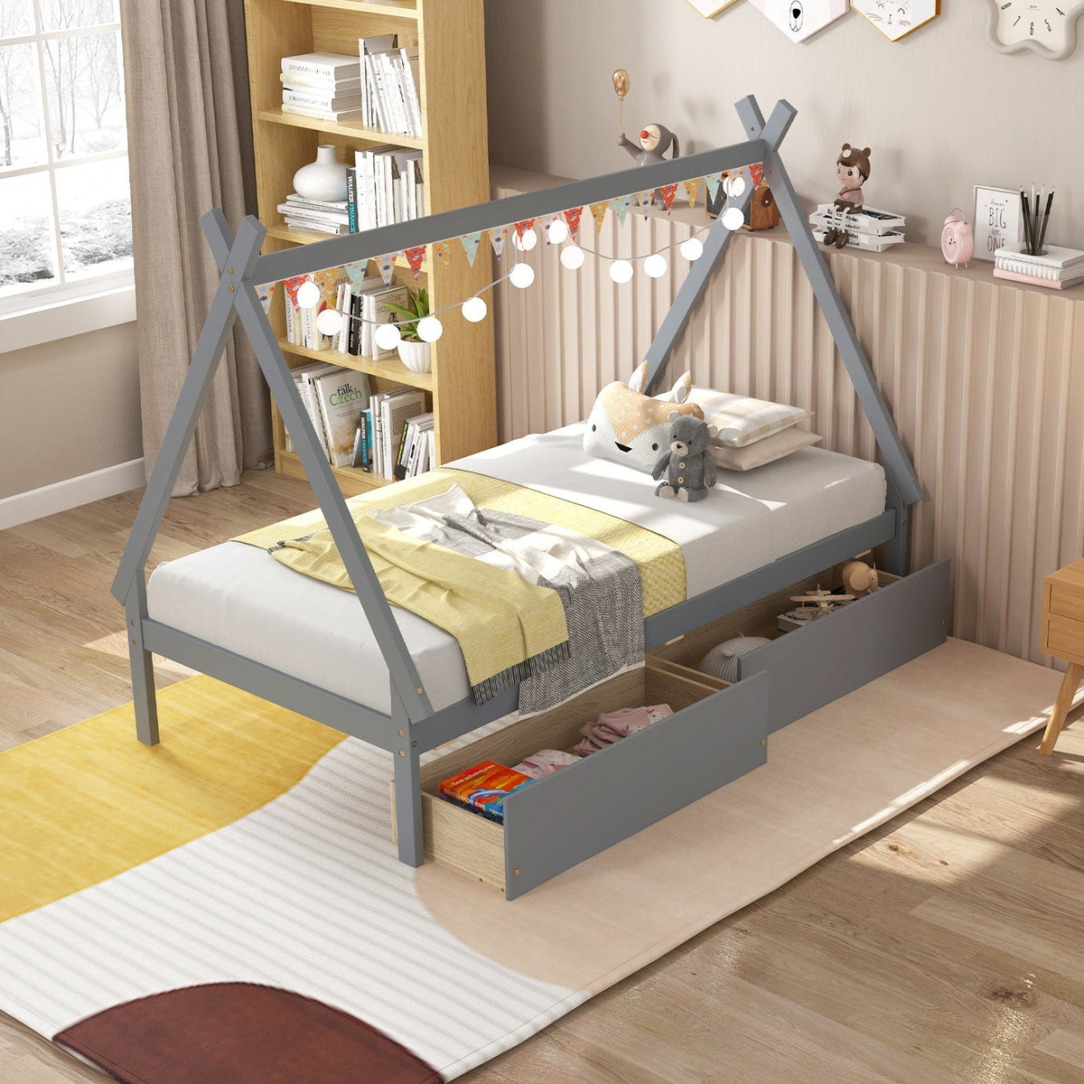 GemGear twin size wooden tent platform bed in gray with two built-in drawers on Tampa Home & Garden Store