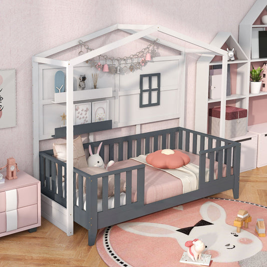 Twin Wood House Bed Montessori Floor Bed with 2 Shelves and Guardrails-Gray & White - Tampa Home & Garden Store