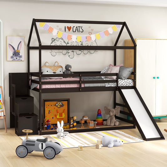 Twin over Twin Bunk Bed with Slide and 2-Step Storage Staircase - Tampa Home & Garden Store