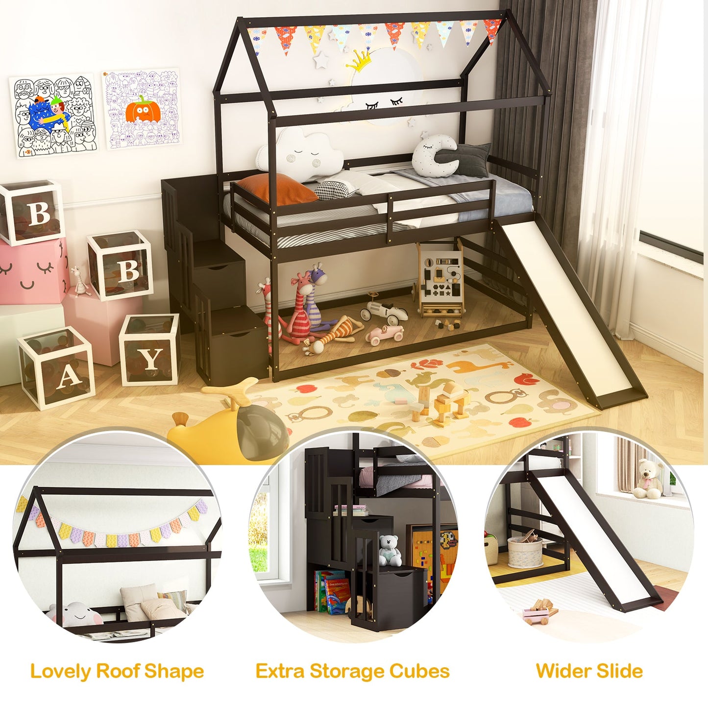 Twin over Twin Bunk Bed with Slide and 2-Step Storage Staircase
