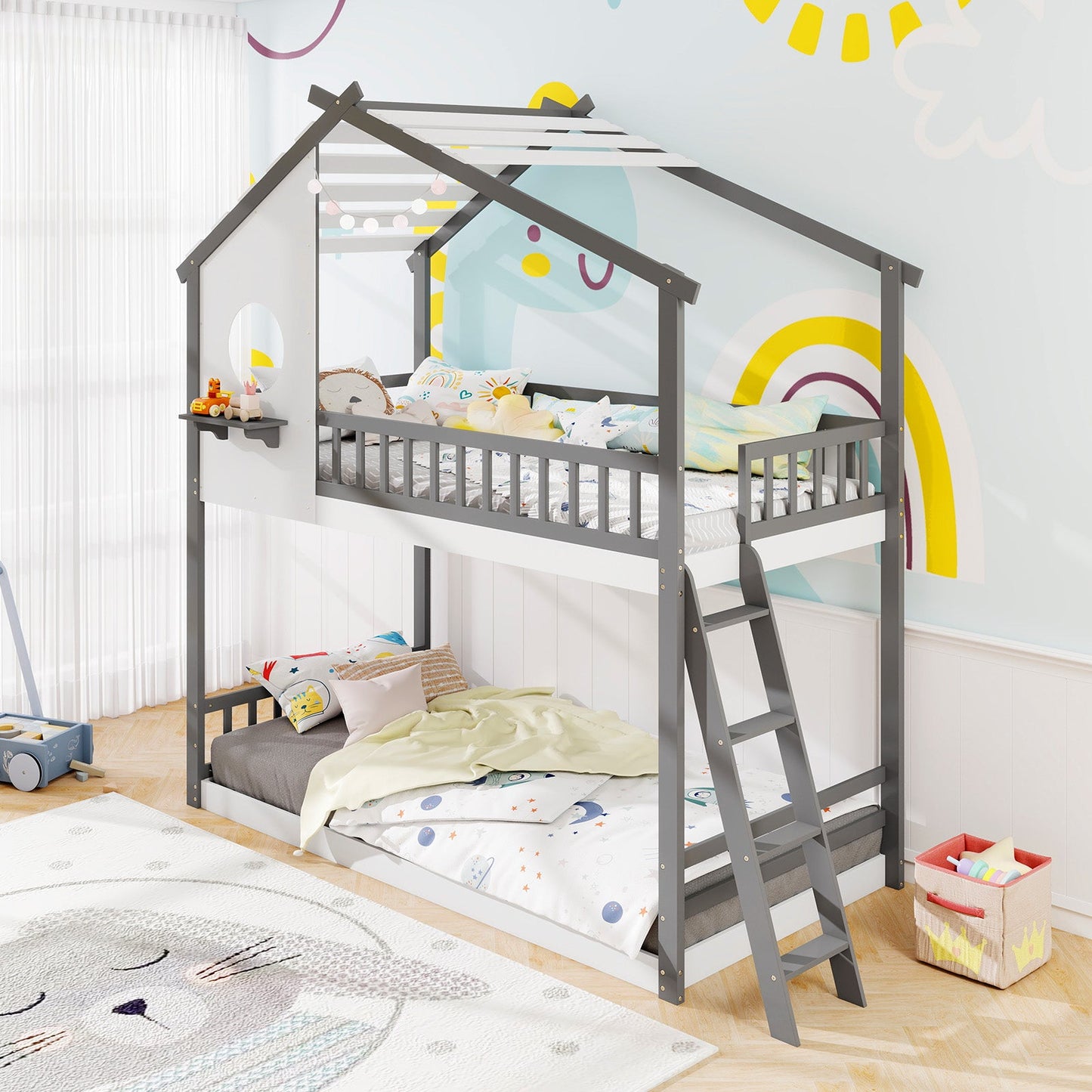 Litera doble sobre doble tipo casa con techo y barandales para niños - Blanco y Gris