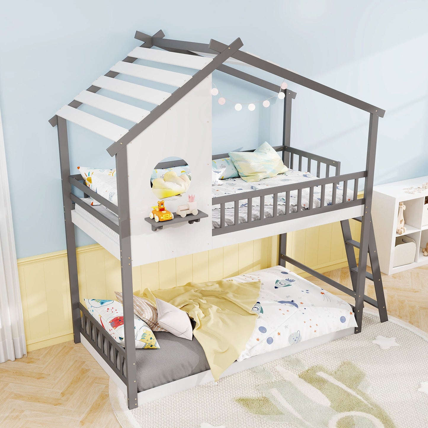 Litera doble sobre doble tipo casa con techo y barandales para niños - Blanco y Gris