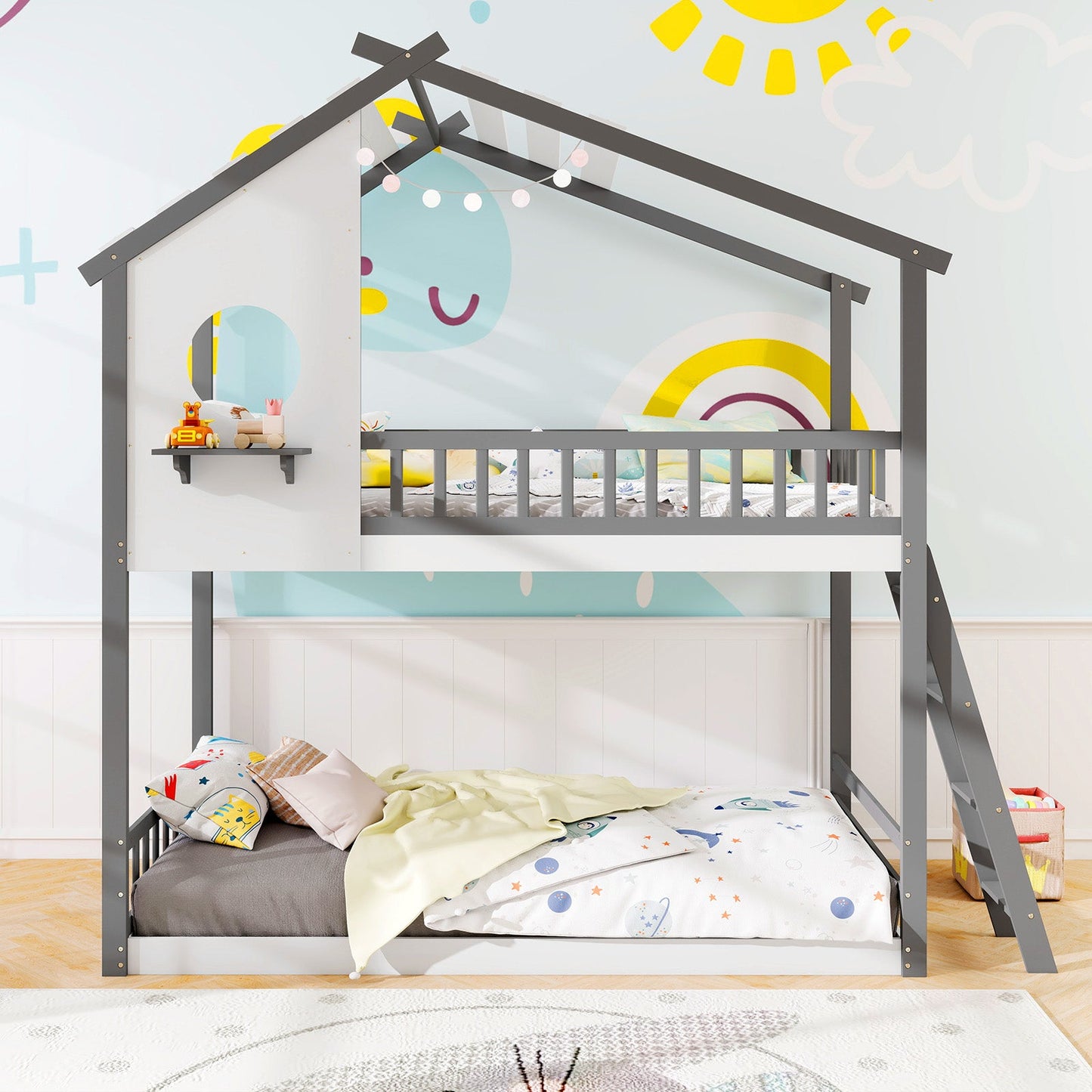 Litera doble sobre doble tipo casa con techo y barandales para niños - Blanco y Gris
