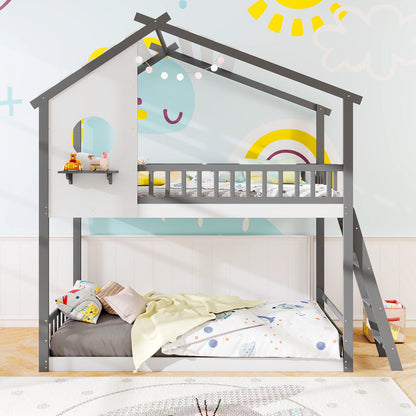 Litera doble sobre doble tipo casa con techo y barandales para niños - Blanco y Gris