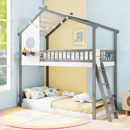 Litera doble sobre doble tipo casa con techo y barandales para niños - Blanco y Gris