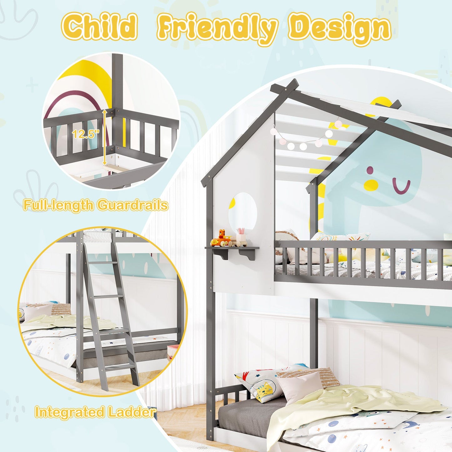 Litera doble sobre doble tipo casa con techo y barandales para niños - Blanco y Gris