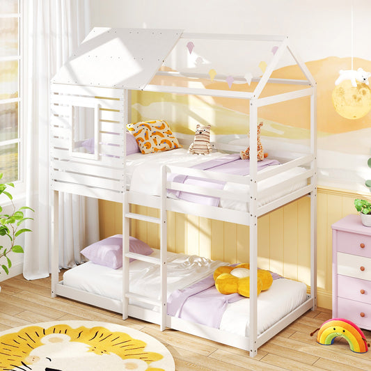 Twin over Twin House Bunk Bed with Roof and Full-length Guardrails-White - Tampa Home & Garden Store