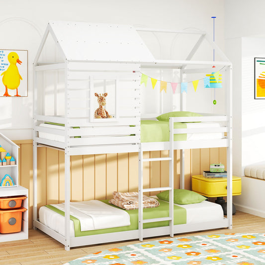 Twin over Twin House Bunk Bed with Roof and Full-length Guardrails-White - Tampa Home & Garden Store