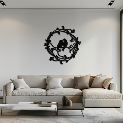 Two Birds on Wreath Branch Metal Wall Art – Romantic Nature-Inspired Round Design- KAF702 - Tampa Home & Garden Store