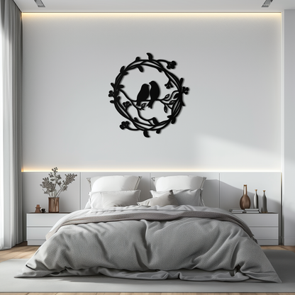 Two Birds on Wreath Branch Metal Wall Art – Romantic Nature-Inspired Round Design- KAF702 - Tampa Home & Garden Store