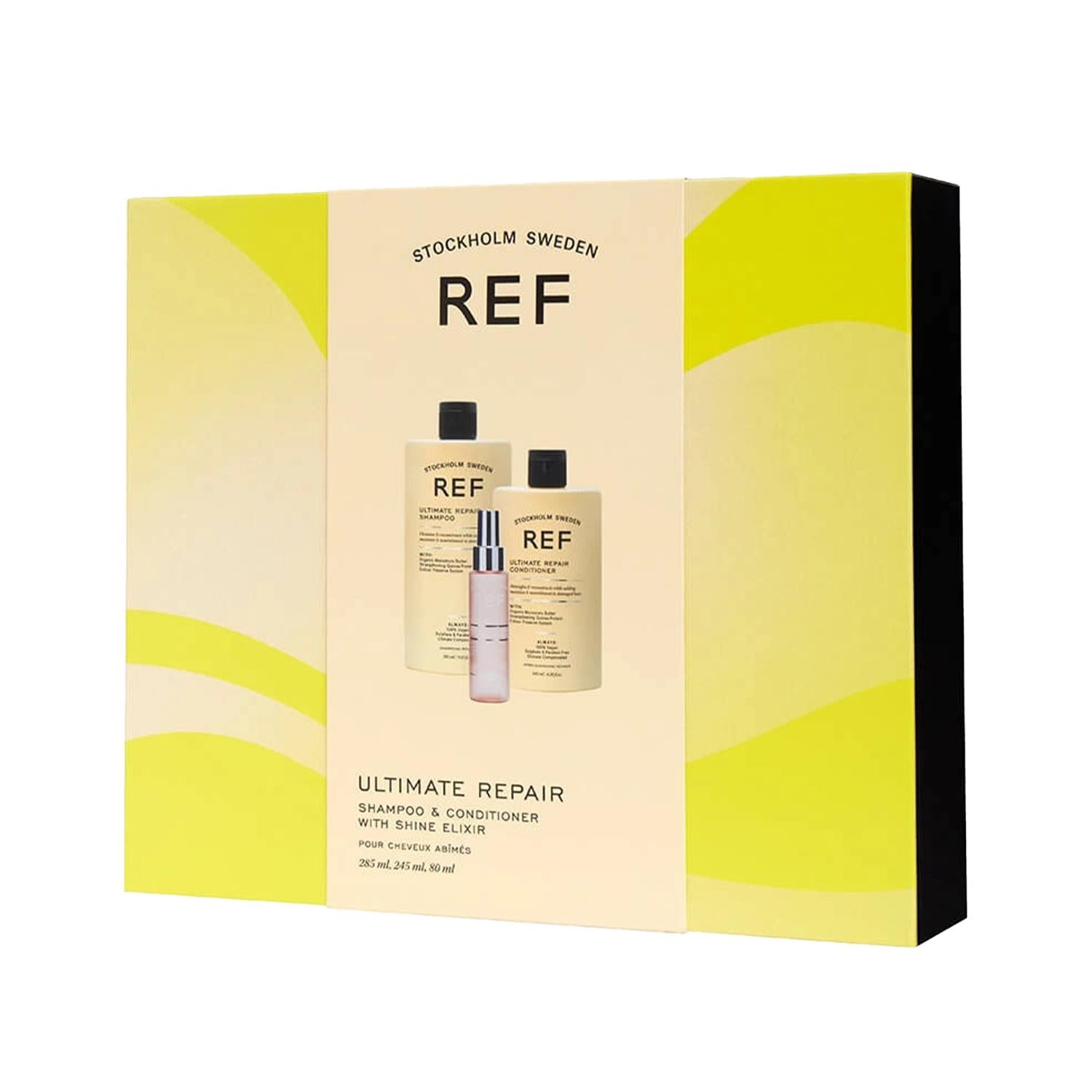 REF Ultimate Repair hair care set with shampoo & conditioner bottles on bright yellow packaging on Tampa Home & Garden Store
