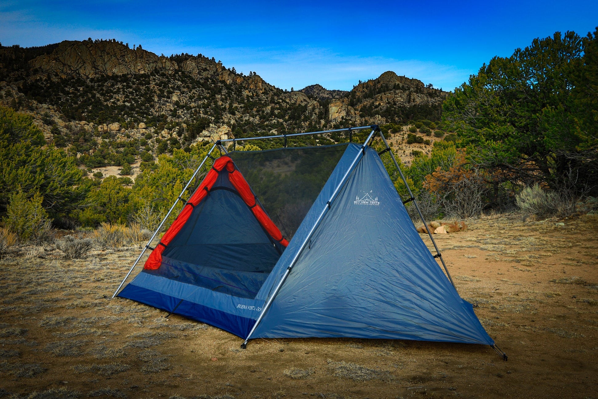 Sky View XL Tent blue with red accents in desert canyon branding Sky View Tents on Tampa Home & Garden Store