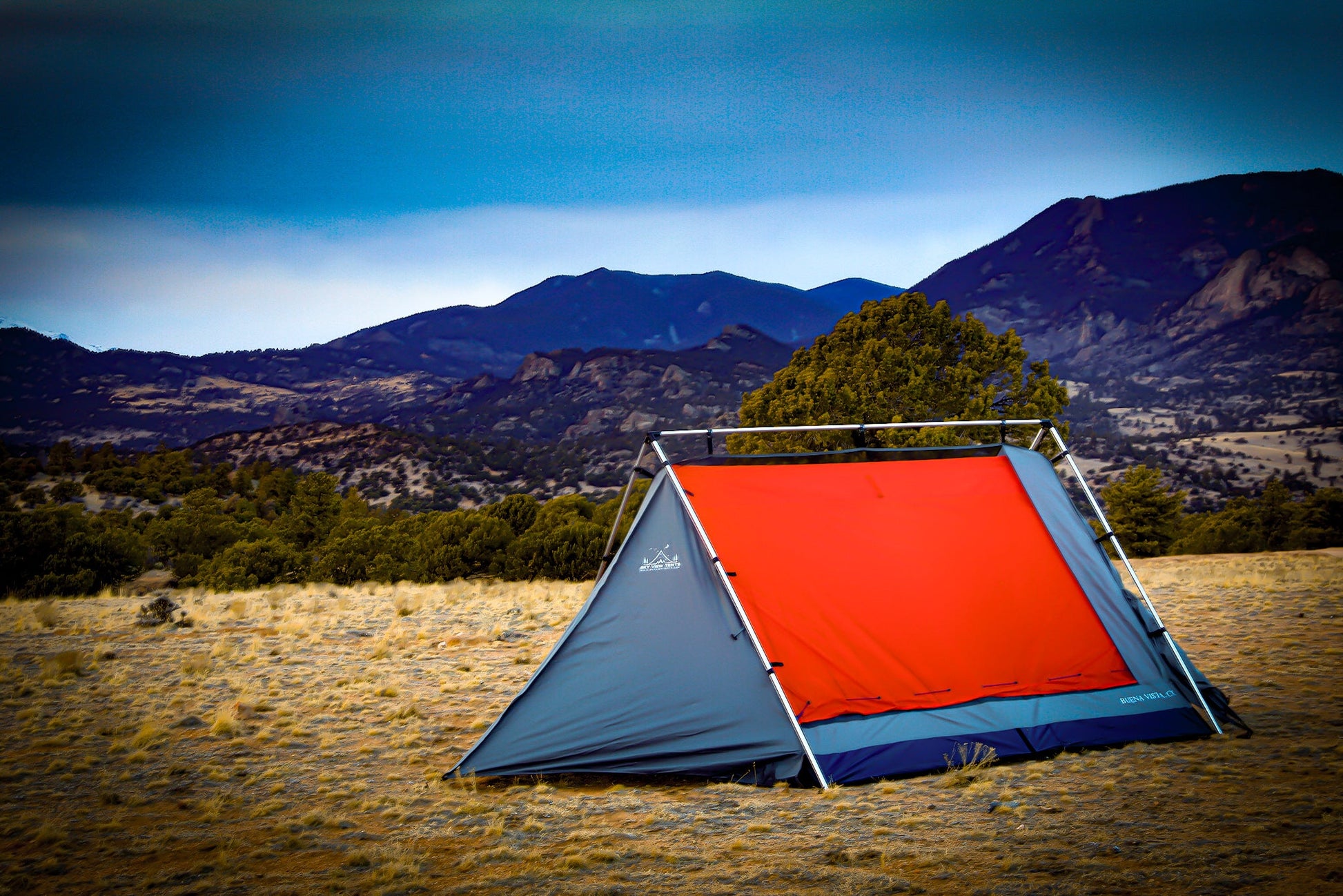 Sky View XL Tent orange gray panels with metal frame in desert by Sky View Tents on Tampa Home & Garden Store