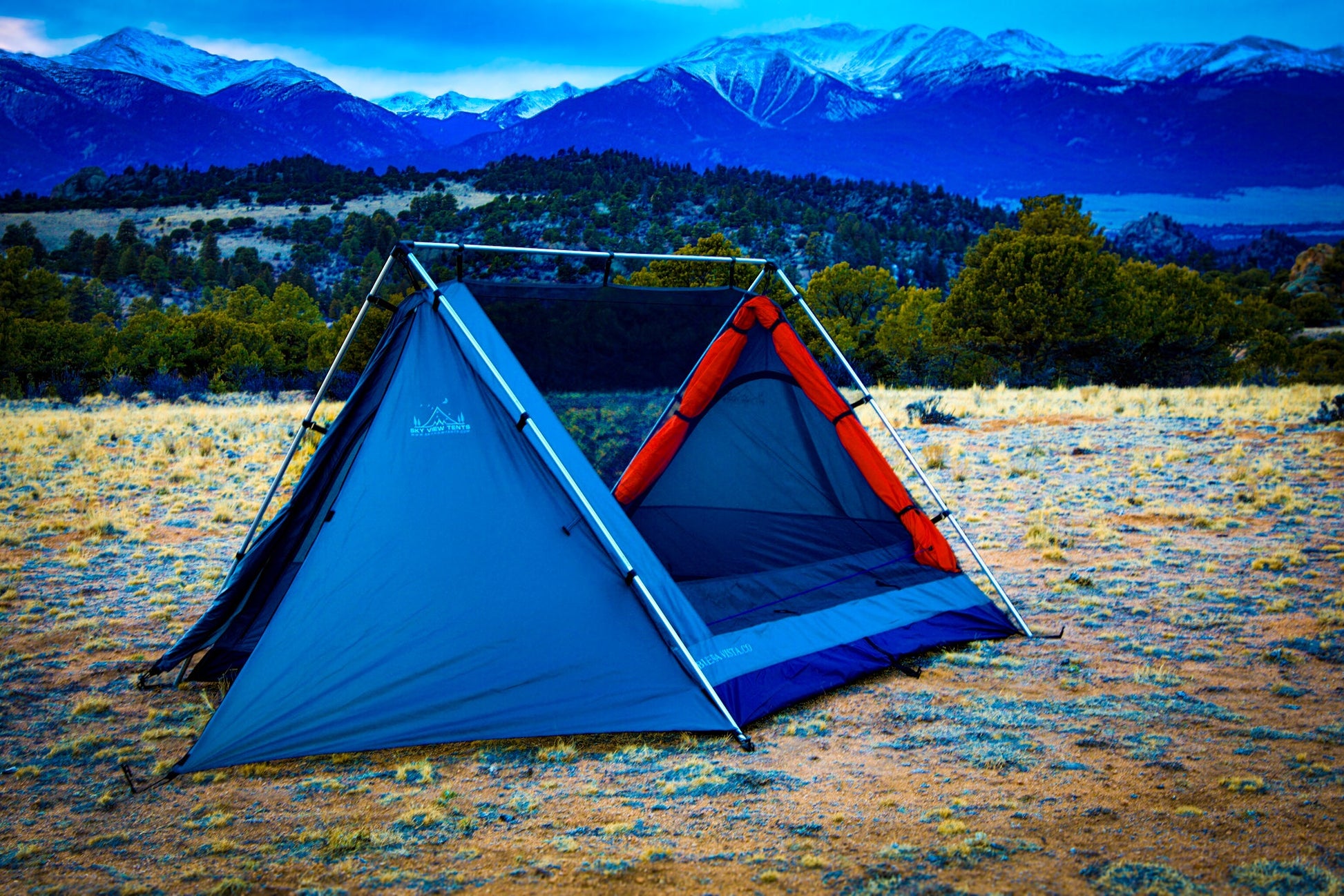 Sky View XL Tent blue-gray with orange vestibule, two tents set up, aluminum frame on Tampa Home & Garden Store