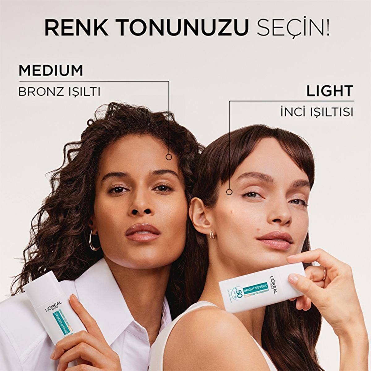L'Oreal Paris Bright Reveal SPF 50+ tinted sunscreen, medium shade, 2 tubes visible on models on Tampa Home & Garden Store