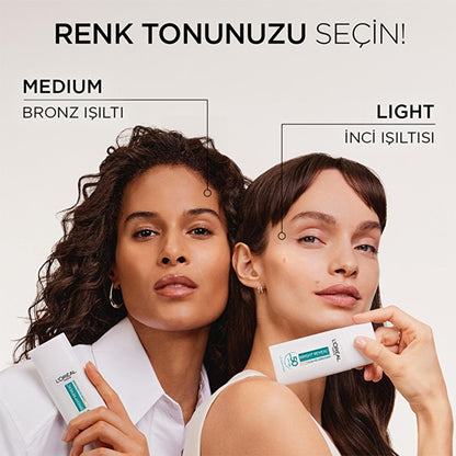 L'Oreal Paris Bright Reveal SPF 50+ tinted sunscreen, medium shade, 2 tubes visible on models on Tampa Home & Garden Store