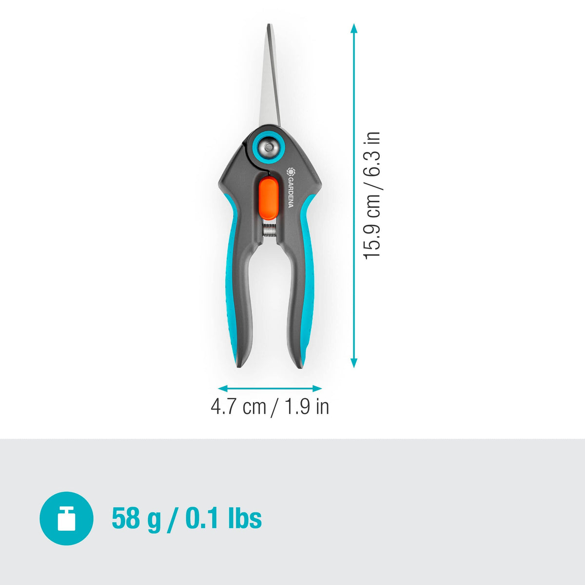 FreshCut Scissors by Gardena, gray handle with teal accents and orange lock, hand tool on Tampa Home & Garden Store