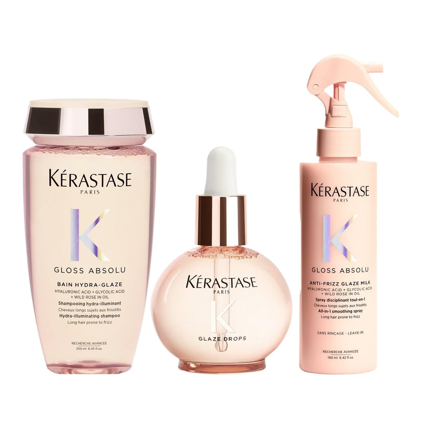 Kérastase Paris 3pc hair care set: pink shampoo, glaze drops serum, anti-frizz spray on Tampa Home & Garden Store