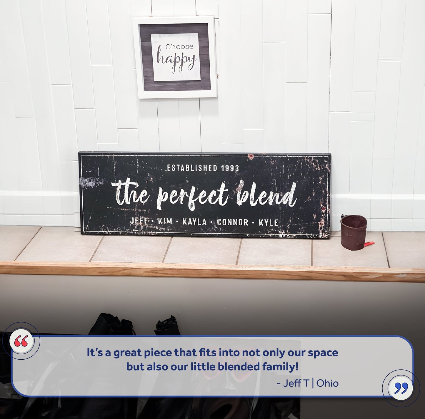 The Perfect Blend Sign III canvas by Tailored Canvases; white-framed canvas with Choose happy on Tampa Home & Garden Store