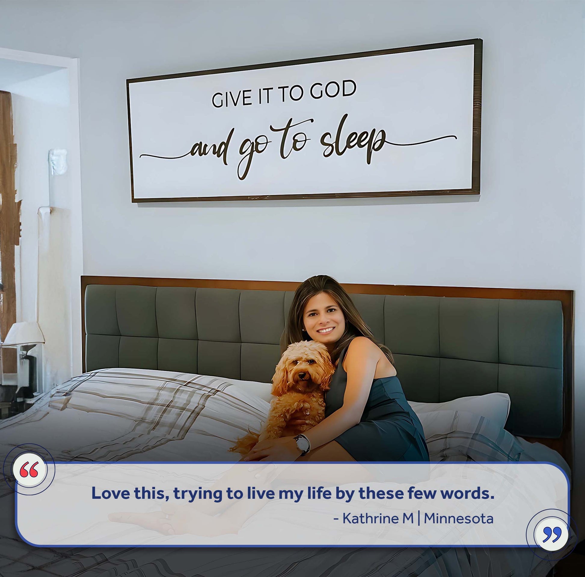 Give It To God And Go To Sleep Sign II canvas art white with black script brown frame on Tampa Home & Garden Store