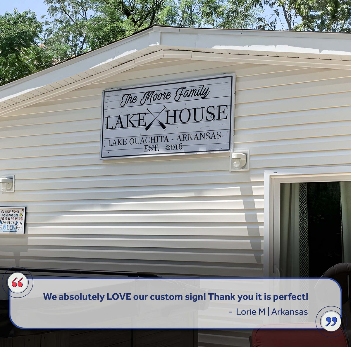Family Lake House Paddle Sign canvas with black lettering and crossed paddles on light siding on Tampa Home & Garden Store