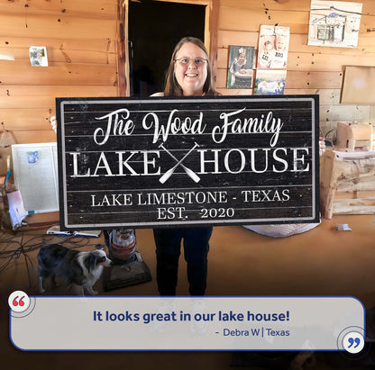 Family Lake House Paddle Sign II canvas sign in black with white script Tailored Canvases on Tampa Home & Garden Store