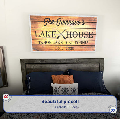 Family Lake House Paddle Sign III canvas by Tailored Canvases with wood background and paddles on Tampa Home & Garden Store