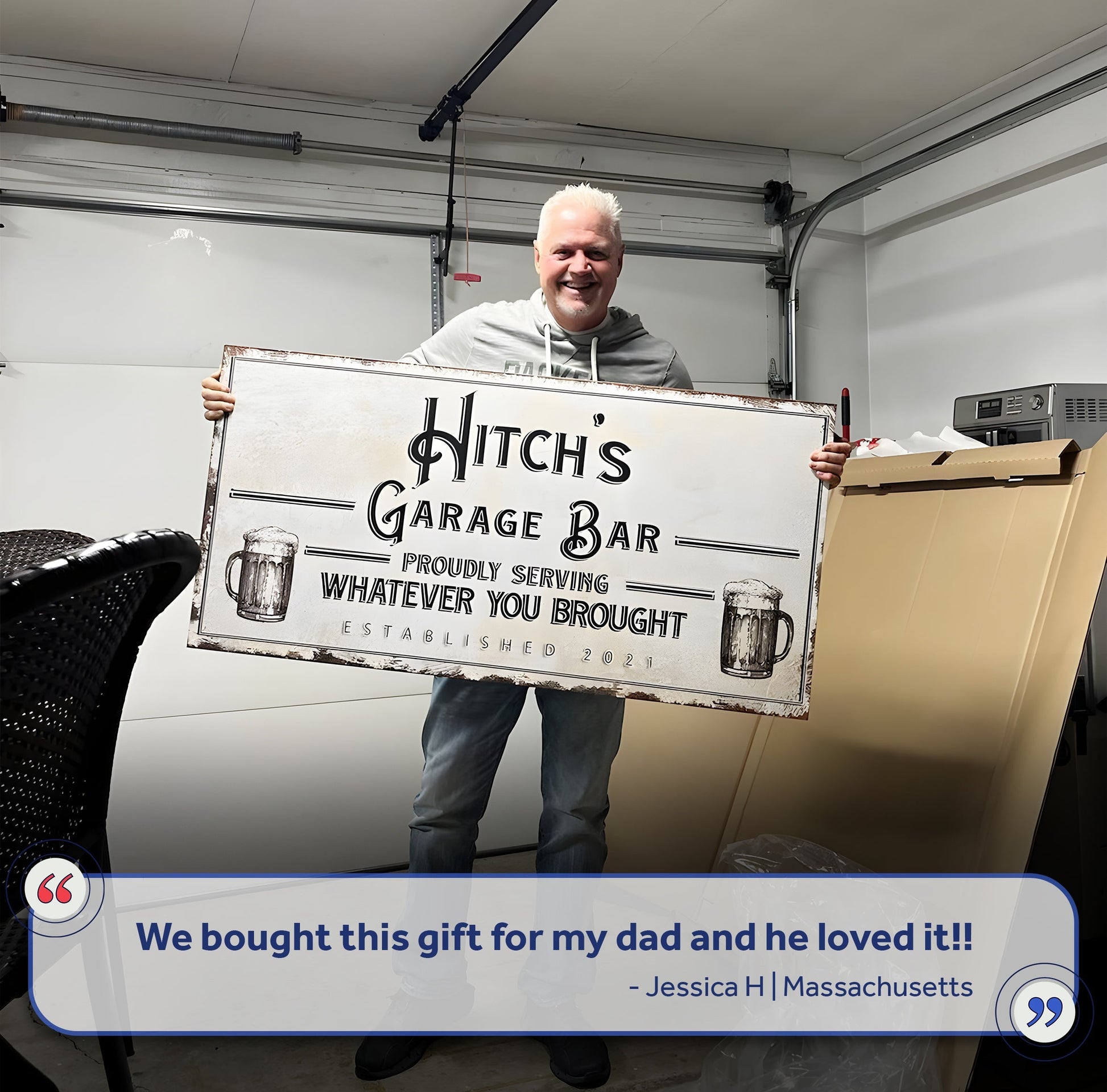 Canvas sign rustic garage bar with vintage typography and beer mug art held by man on Tampa Home & Garden Store