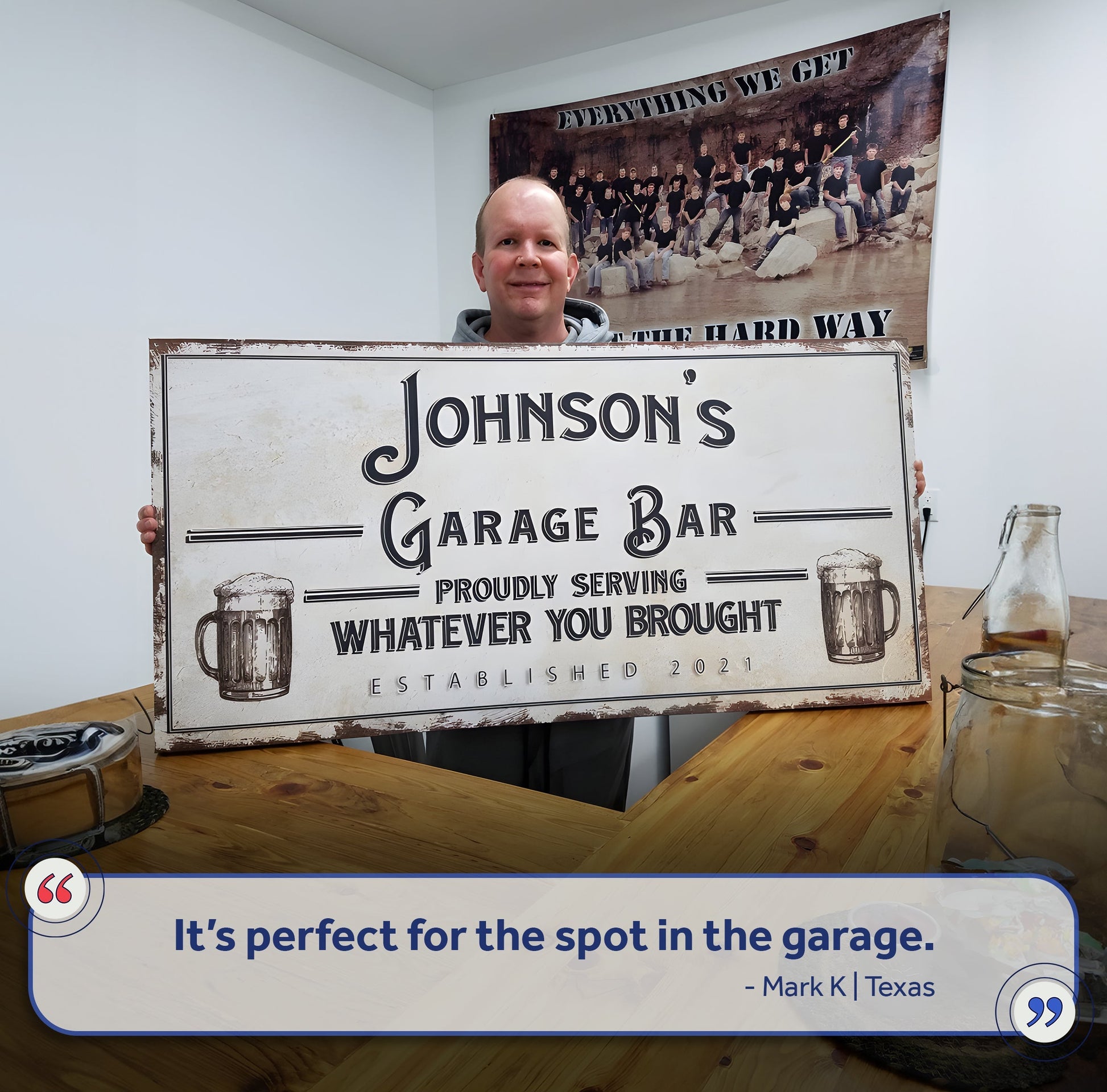 Personalized rustic garage sign canvas Johnson's Garage Bar with distressed white background on Tampa Home & Garden Store