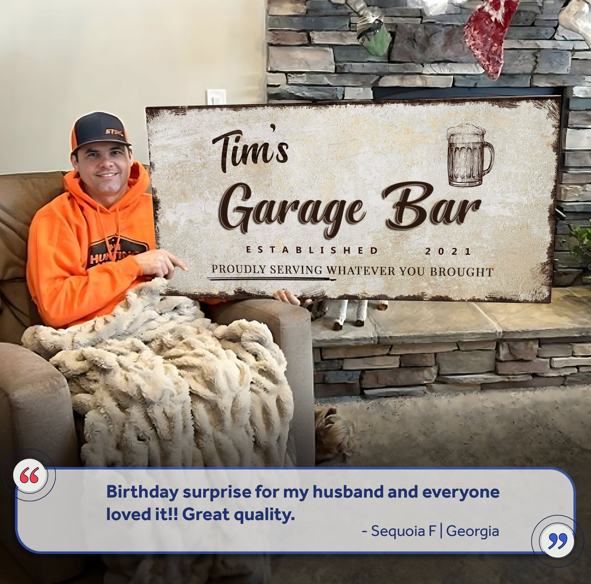 Garage Bar Sign VIII canvas by Tailored Canvases with Tim's Garage Bar text and beer mug, rustic beige finish on Tampa Home & Garden Store