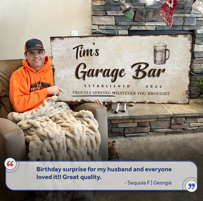 Garage Bar Sign VIII canvas by Tailored Canvases with Tim's Garage Bar text and beer mug, rustic beige finish on Tampa Home & Garden Store