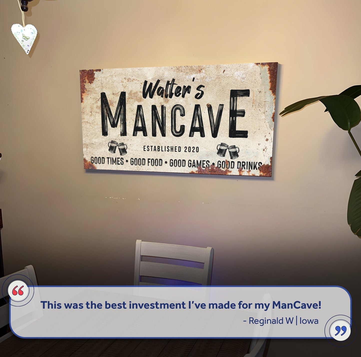 Good Times Man Cave Sign canvas by Tailored Canvases with rustic distressed beige backdrop on Tampa Home & Garden Store