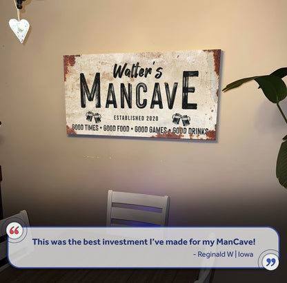 Good Times Man Cave Sign canvas by Tailored Canvases with rustic distressed beige backdrop on Tampa Home & Garden Store