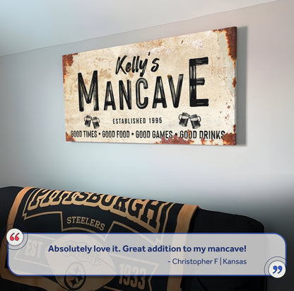 Good Times Man Cave Sign canvas by Tailored Canvases, vintage rusty beige wall art on Tampa Home & Garden Store