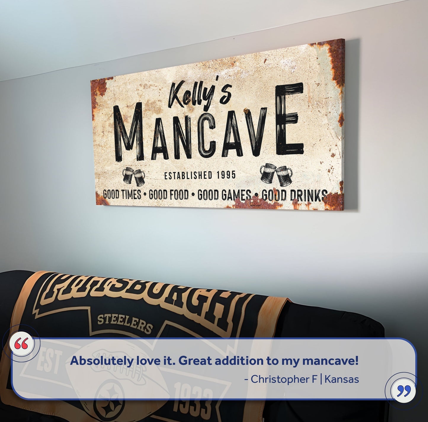 Good Times Personalized Man Cave Sign canvas by Tailored Canvases with vintage rusted edges on Tampa Home & Garden Store