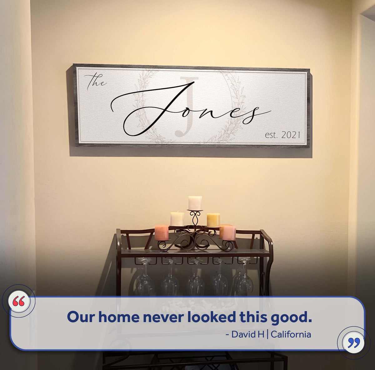 Tailored Canvases Family Sign XVII canvas with frame and script Jones over wreath on Tampa Home & Garden Store