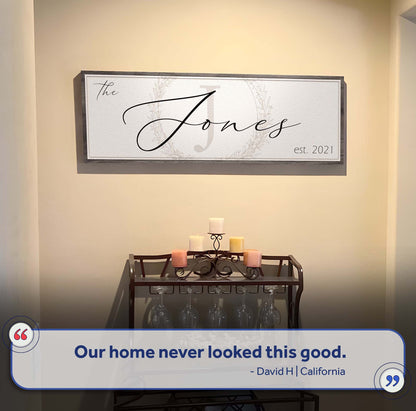 Tailored Canvases Family Sign XVII canvas with frame and script Jones over wreath on Tampa Home & Garden Store